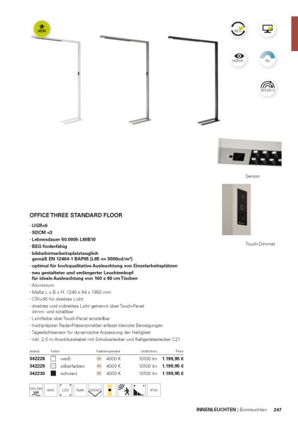 Deko-Light Stehleuchte, Office Three Standard, Motion, 80 W, DIM, 4000 K, schwarz, Aluminium, 80W