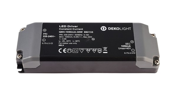 Deko-Light Netzgerät, BASIC, Q8H-1050mA/30W, Kunststoff, Schwarz, 30W, 9-28V, 1050mA, 142x50mm