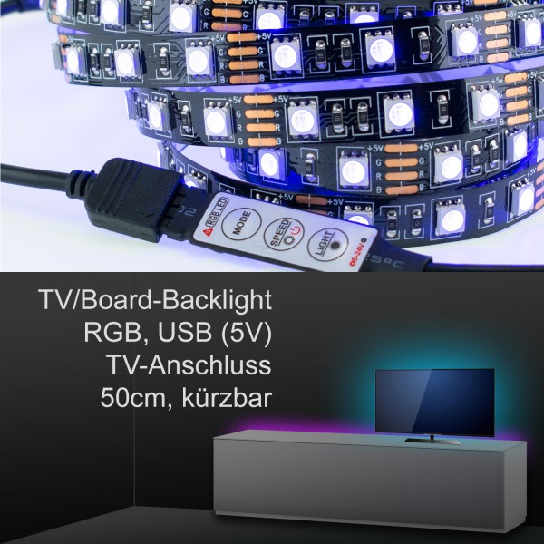 TV/Board Ambience Backlight, LED-Strip inkl. Controller, 50cm, RGB, USB 5V, für Samsung, Sony u.a.