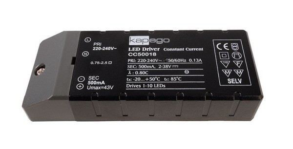 Deko-Light Netzgerät, BASIC, CC50018, Kunststoff, Schwarz, 18W, 2-38V, 500mA, 115x45mm